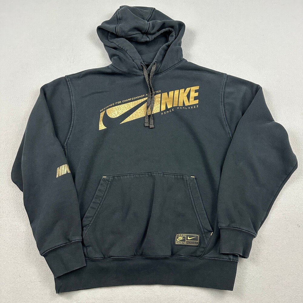 Nike Hoodie Men Medium Black Gold Foil Swoosh Club Fleece Sweatshirt Pullover M